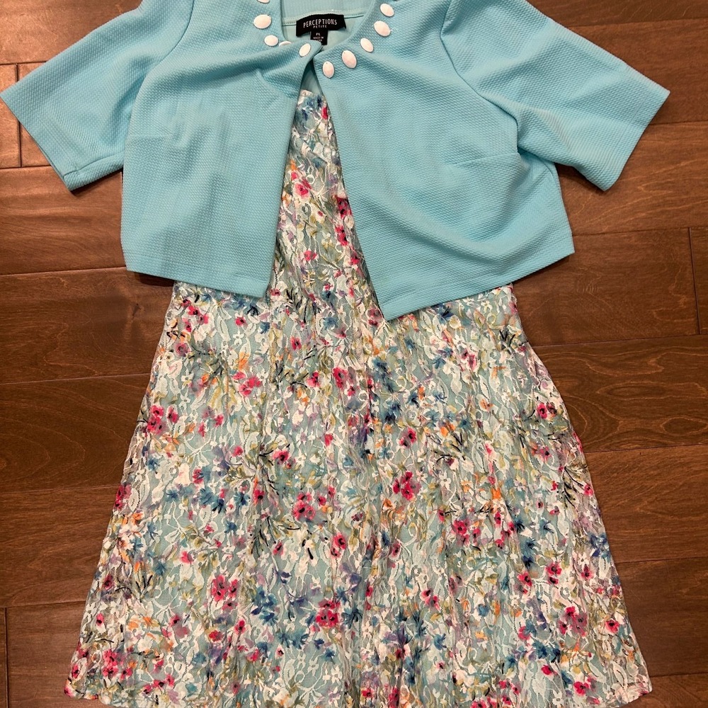 Perceptions Petite Floral Lace Dress and Jacket Set‎ Blue Pink Size PL